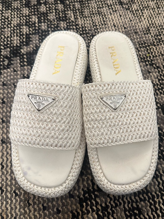 Prada Shoes - Prada Platform Woven Slide Sandals with Logo